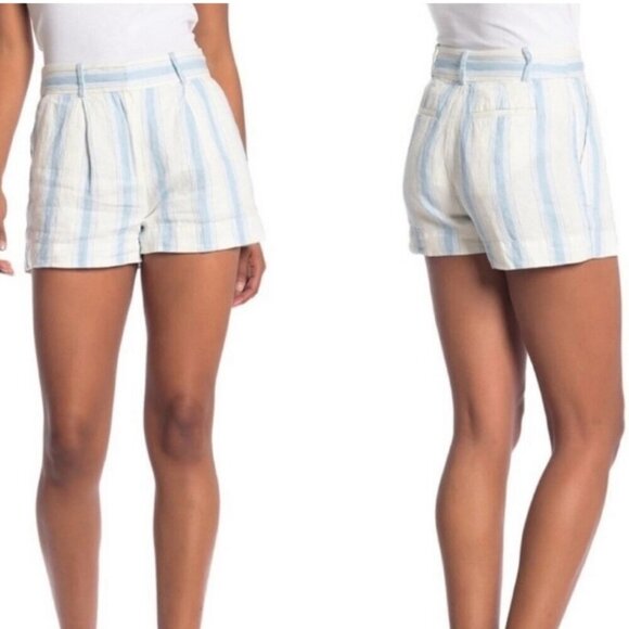 Frame Women's 0 White Blue Stripe 100% Linen High Waist Pleated Front Shorts - Picture 2 of 13